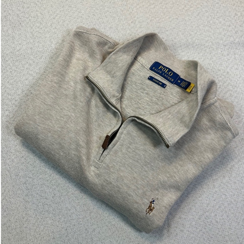 Polo Ralph Lauren Quarter Zip Mens M Beige Cotton Estate Rib Pullover Classic
